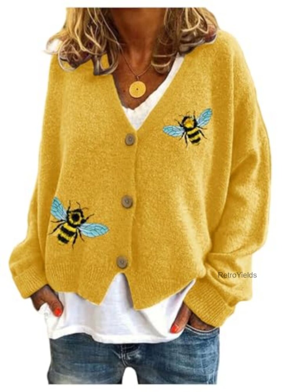 Women's Embroidered Button Down Fuzzy Cardigan V-Neck Long Sleeve Sweater
